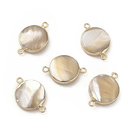 Natural Trochid Shell Connector Charms, with Brass Double Loops, Flat Round Links