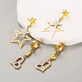 Fashionable Personality Five-pointed Star Heart-shaped Titanium Steel Inlaid Diamond Long-style Earrings for Women