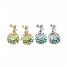 Colorful Cubic Zirconia & Rhinestone Teardrop Dangle Stud Earrings, Rack Plating Brass Jewelry for Women, Lead Free & Cadmium Free