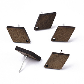 Walnut Wood Stud Earring Findings, with 304 Stainless Steel Pin, Rhombus