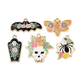 Halloween Theme Rack Plating Alloy Enamel Pendants, Golden, Tombstone/Spider/Butterfly/Bat/Skull with Flower Charm