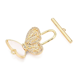 Brass Micro Pave Clear Cubic Zirconia Toggle Clasps, with Shell, Butterfly