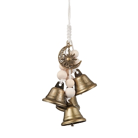 Iron Bell Pendant Decoration, Alloy Noon Sun & Wood Beads and Jute Cord for Home Door Hanging Ornaments