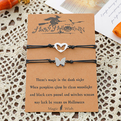 Halloween Butterfly Wax Cord Bracelet - Stainless Steel Hollow Out Shiny Braided Bracelet