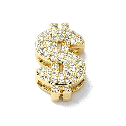 Rack Plating Brass Micro Pave Clear Cubic Zirconia Dollar Sign Multi-Strand Links, Long-Lasting Plated, Lead Free & Cadmium Free