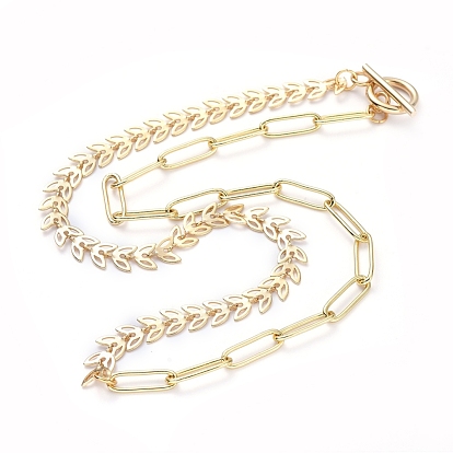 Brass Paperclip Chain/Cobs Chain Necklaces, with 304 Stainless Steel Toggle Clasps, Leaf