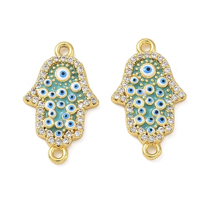 Brass Micro Pave Clear Cubic Zirconia Connector Charms, Hamsa Hand & Evil Eye Links, with Enamel, Golden