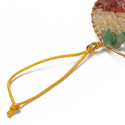 Chakra Flat Round with Tree of Life Wire Wrapped Wind Chimes, with Chips Natural Gemstone Beads and Natural Agate Pendants