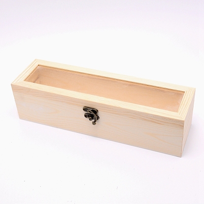 Wooden Box, Flip Cover Box, with Iron Lock Clasps & Glass Visual Window, Rectangle