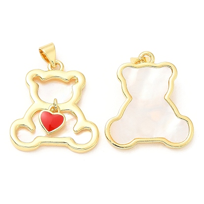 Rack Plating Brass Enamel Pendants with Shell, Bear Charms with Heart, Long-Lasting Plated, Lead Free & Cadmium Free