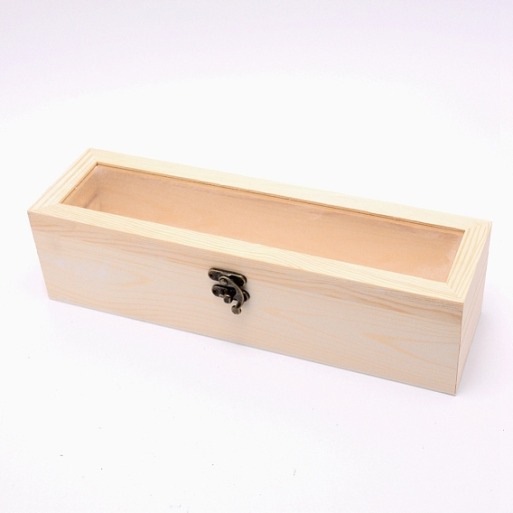 Wooden Box, Flip Cover Box, with Iron Lock Clasps & Glass Visual Window, Rectangle