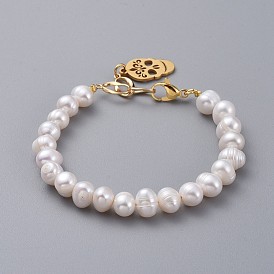 Natural Pearl Charm Bracelets, with Brass Twist Oval Links, 304 Stainless Steel Pendants and Lobster Claw Clasps, with Cardboard Packing Box, Skull