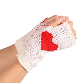 Polyacrylonitrile Fiber Yarn Knitting Fingerless Gloves, Two Tone Winter Warm Gloves with Thumb Hole, Heart Pattern