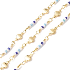Brass Flat Round Link Chains, with Glass Beaded, Soldered, with Spools, Cadmium Free & Lead Free, Real 18K Gold Plated