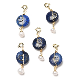Wire Wrapped Natural Lapis Lazuli Flat Round Pendant Decorations, Natural Pearl Ornament with Brass Spring Ring Clasps