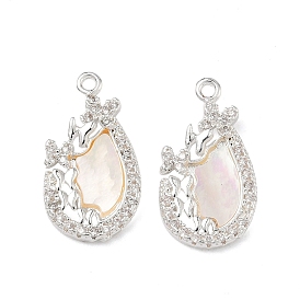 Латунные микропаве прозрачные подвески с фианитом, Подвески в форме капли с натуральной белой ракушкой