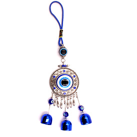 Flat Round with Evil Eye Alloy Pendant Decorations, Bell Charm Car Bag Hanging Decoration