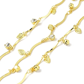 Handmade Eco-friendly Brass Curved Bar Link Chain, with Drop and Glass Charms, Long-Lasting Plated, Soldered, with Spool