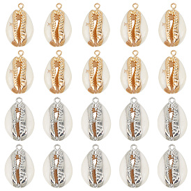 20шт 2 стили подвески из ракушек каури, с металлическая фурнитурой, натуральный цвет