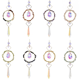Natural Gemstones Chips Hanging Ornaments, Glass Teardrop Hanging Suncatcher