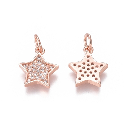 Brass Micro Pave Clear Cubic Zirconia Charms, with Jump Rings, Star