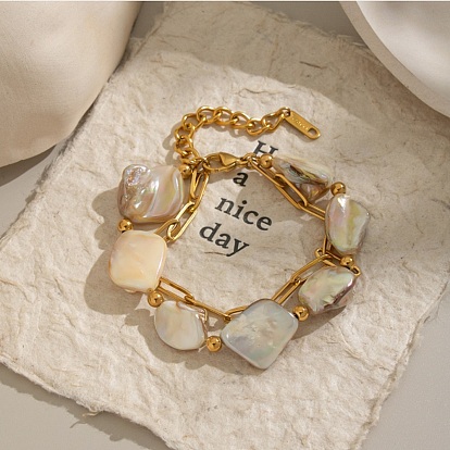 304 двухслойные браслеты из нержавеющей стали и натуральных ракушек, браслеты-цепочки со скрепками для женщин, самородки, ионное покрытие (ip), без кадмия, без никеля и без свинца