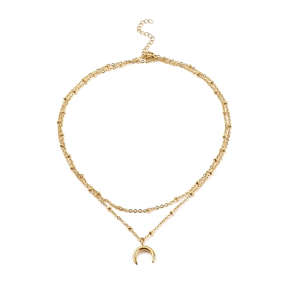 304 Stainless Steel Moon Pendant Double Layered Necklace with Satellite Chains for Women