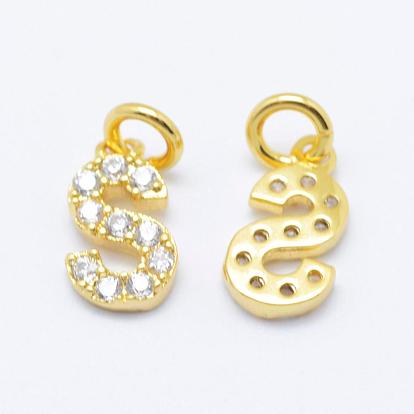 Brass Micro Pave Grade AAA Cubic Zirconia Charms, Letter S, Cadmium Free & Nickel Free & Lead Free