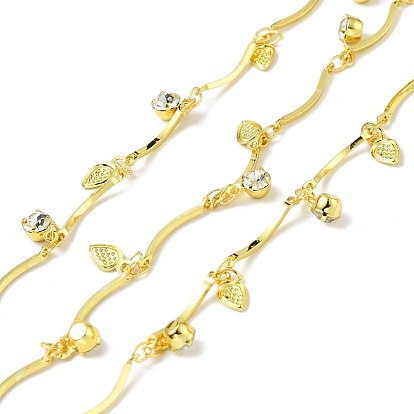 Handmade Eco-friendly Brass Curved Bar Link Chain, with Drop and Glass Charms, Long-Lasting Plated, Soldered, with Spool