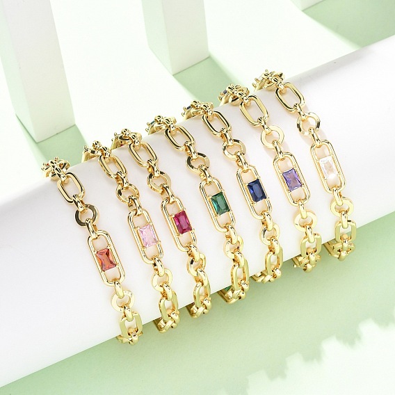 Браслет-цепочка из латуни в виде кольца и скрепки с микропаве из кубического циркония для женщин., реальный 18 k позолоченный, без кадмия и без свинца, стойки покрытие, долговечный