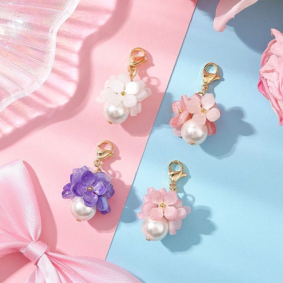 Подвеска из ракушки и жемчуга, с бусиной из ацетата целлюлозы (смолы) в виде цветка и 304 карабинами из нержавеющей стали