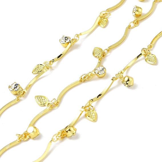 Handmade Eco-friendly Brass Curved Bar Link Chain, with Drop and Glass Charms, Long-Lasting Plated, Soldered, with Spool