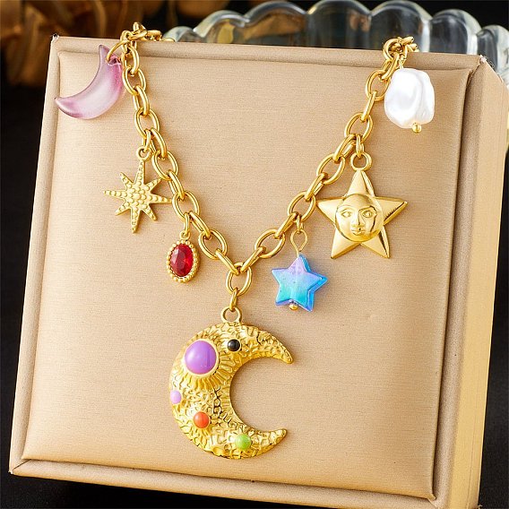 304 Женские ожерелья-нагрудники из нержавеющей стали с пластиковыми вставками, Вс & луна, красочный