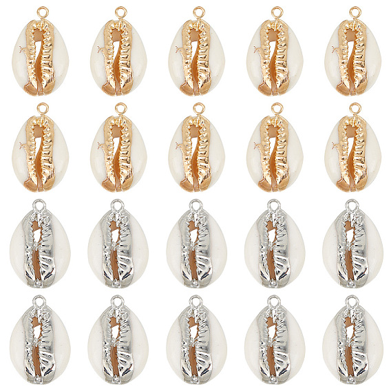 20шт 2 стили подвески из ракушек каури, с металлическая фурнитурой, натуральный цвет