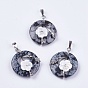 Gemstone Pendants, with Shell, Rhinestone and Platinum Tone Brass Findings, Flat Round with Flower