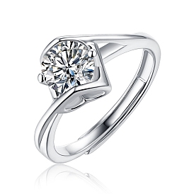 Rhodium Plated 925 Sterling Silver Moissanite Rhinestone Adjustable Rings for Women