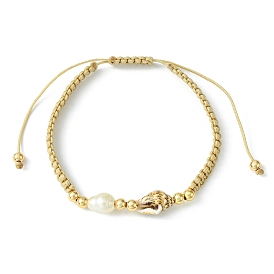 Adjustable Natural Cultured Freshwater Pearl & Shell Braided Bead Bracelets, Adjustable Nylon Cord Bracelets for Women