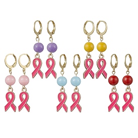 October Breast Cancer Pink Awareness Ribbon Alloy Enamel Leverback Earrings, Natural Mixed Gemstone Round Beaded Long Drop Earrings