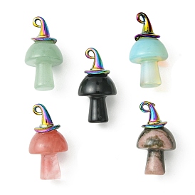Mixed Gemstone Pendants, Mushroom Charms, with Rainbow Color Plated Alloy Witch Hat Pendant Bails