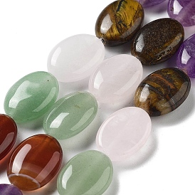 Brins de perles d'améthyste naturelle, de cristal de quartz, d'aventurine verte, de cornaline et d'oeil de tigre, Ovale Plat