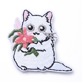Computerized Embroidery Cloth Iron on/Sew on Patches, Costume Accessories, Appliques, Cat with Flower