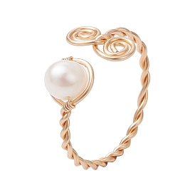 Round Natural Cultured Freshwater Pearl Beads Finger Rings, Copper Wire Wrapped Cuff Rings for Women