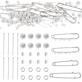 8 шт. 4 стили железные булавки со стразами, фурнитура для броши, с 30шт. бусинами в виде диско-шаров, стеклянные бусины-проставки со стразами, штифты с плоской головкой и соединительное кольцо