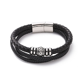 Black Microfiber Braided Cord Triple-strand Bracelet with 304 Stainless Steel Magnetic Clasps, Column Beaded Punk Wristband for Men Women