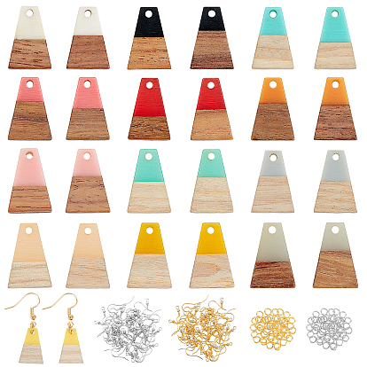 Kits de fabrication de boucles d'oreilles pendantes colorées à faire soi-même, 2 pendentifs trapézoïdaux en résine et bois de noyer, crochets de boucle d'oreille en laiton et 26 styles anneaux de saut