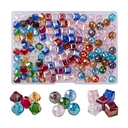 150Pcs 3 Style Electroplate Glass Beads Strands, AB Color Plated, Faceted, Cube & Bicone & Round