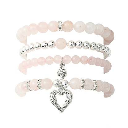 4 шт. 4 стильный набор эластичных браслетов из натурального розового кварца с бусинами, подвески из сплава грибов и сердечек, штабелируемые браслеты