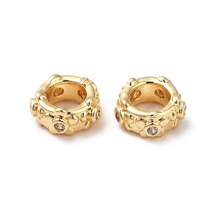Brass Micro Pave Cubic Zirconia European Beads, Large Hole Beads, Real 18K Gold Plated, Flat Round with Flower