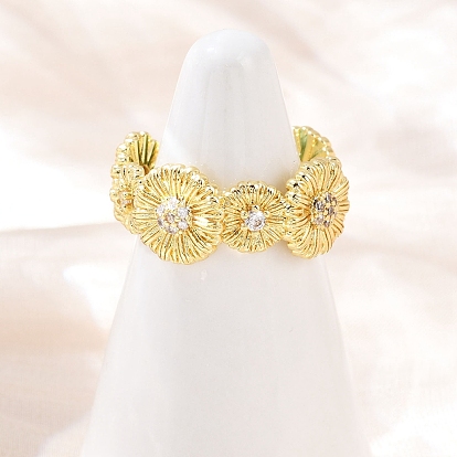 Латунные микро проложить манжеты кольца кубического циркония, цветок, стойки покрытие, долговечный, без кадмия и без свинца