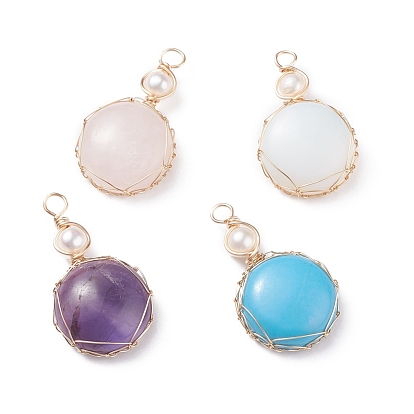 Natural & Synthetic Gemstone Copper Wire Wrapped Pendants, with Grade A Natural Cultured Freshwater Pearl, Half Round